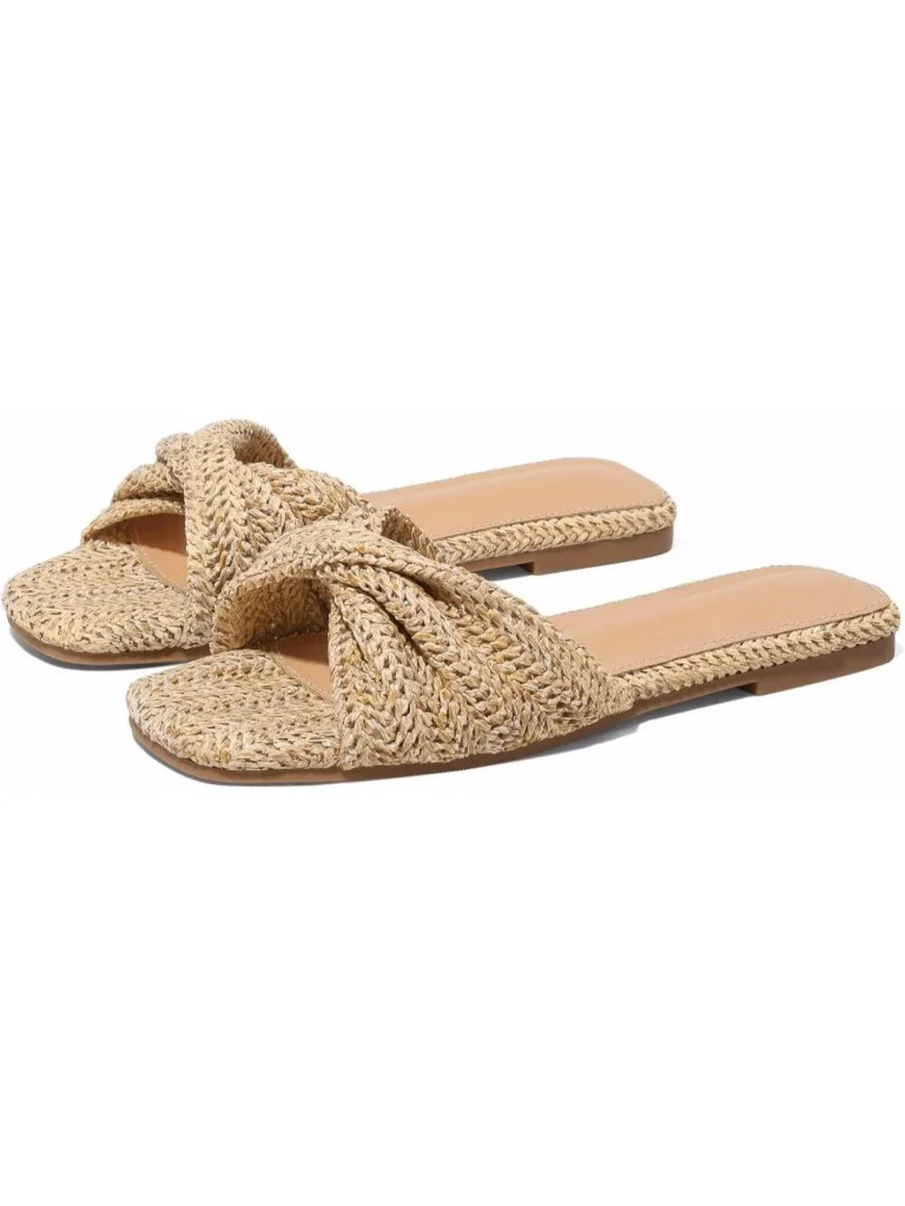 Women's Natural Summer Raffia Open Toe Woven Braided Twist Comfort Flat Sandals